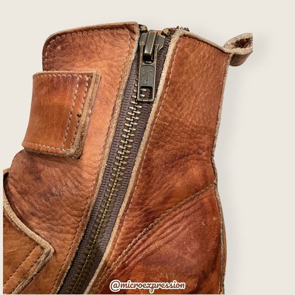 Frye Sabrina Double Buckle Academia Cognac Real Leather Block Heel Ankle Booties - Picture 13 of 14